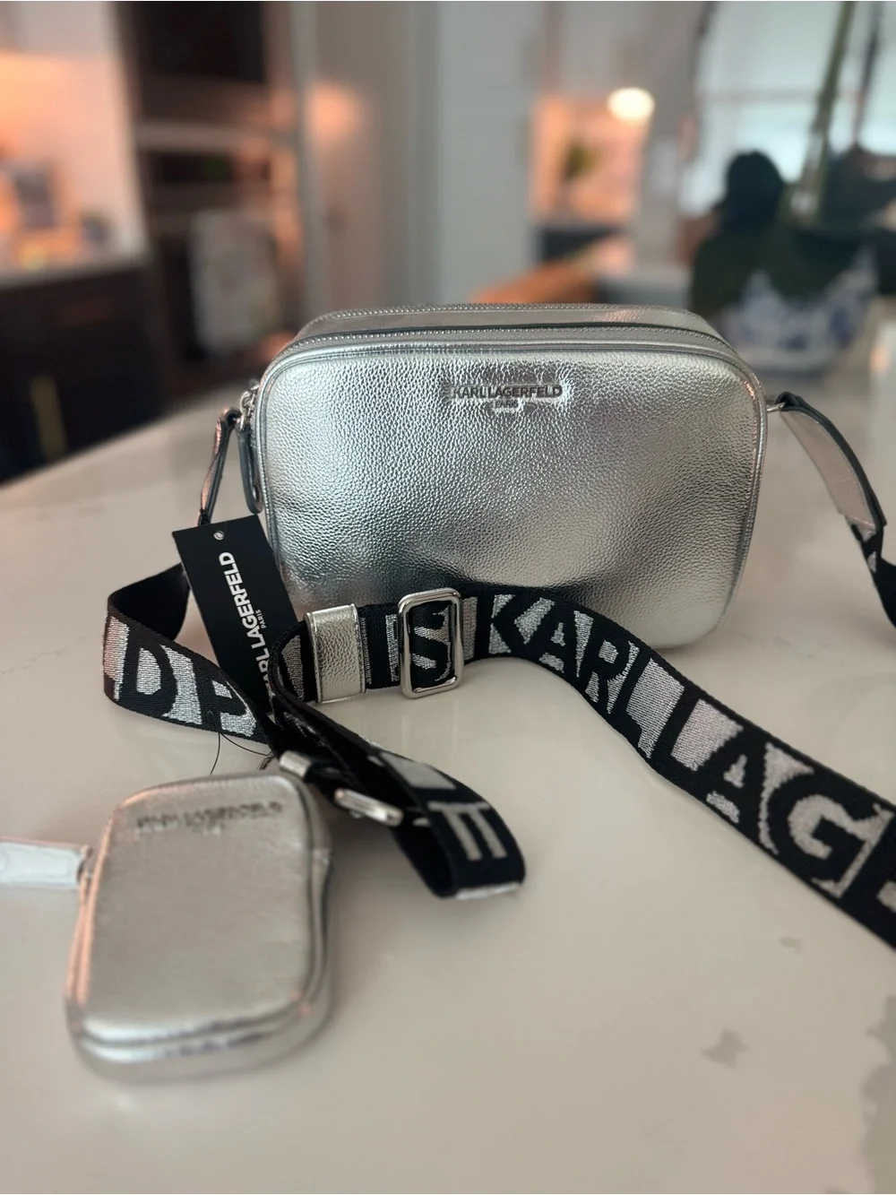 Karl Lagerfeld | Metallic Silver Leather | Camera Crossbody - Picture 3 of 10